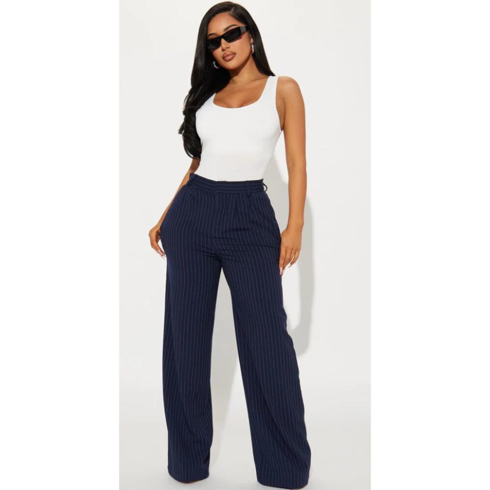 Fashion Nova Trousers 1X Navy Pinstripe Wide Leg High Rise Pleated NWT